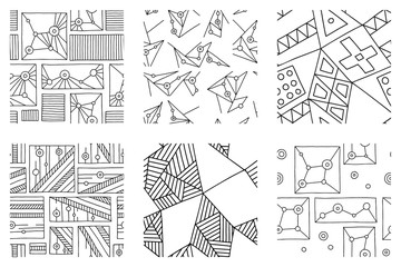 Set of seamless vector pattern, black and white geometric background with rhombus, triangles, rectangles, dots, lines, squares. Abstract graphic design. Line drawing, print for wallpaper, fabric