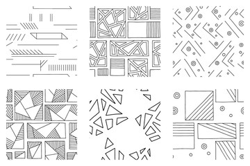 Set of seamless vector pattern, black and white geometric background with rhombus, triangles, rectangles, dots, lines, squares. Abstract graphic design. Line drawing, print for wallpaper, fabric