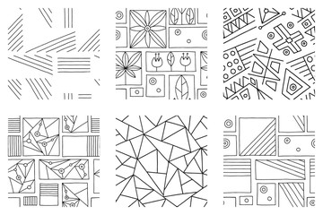 Set of seamless vector pattern, black and white geometric background with rhombus, triangles, rectangles, dots, lines, squares. Abstract graphic design. Line drawing, print for wallpaper, fabric