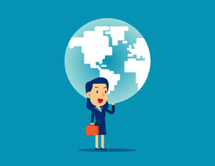 A woman is holding up globe. Concept business strength vector illustration, Planet, Power, Successful.