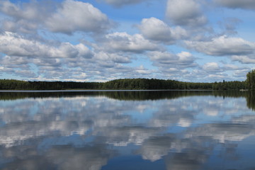 Blue sky w scattered cumulus clouds reflecting on a still tree-lined lake