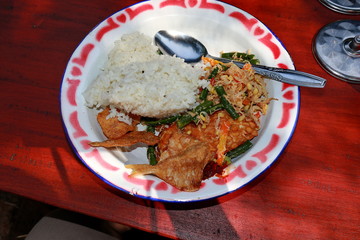 Javanese specialties, with rice contents of various vegetables, eaten with tempeh and sambal 