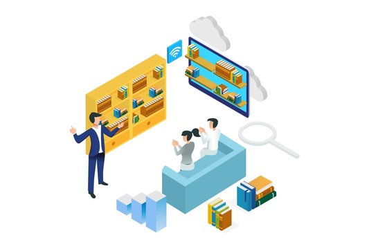 Modern Isometric Smart Library Interior Illustration, Suitable for Diagrams, Infographics, Book Illustration, Game Asset, And Other Graphic Related Assets