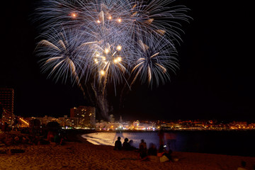 Beautiful firework in a small Spanish town Palamos, day of celebrating the town 06. 26. 2019