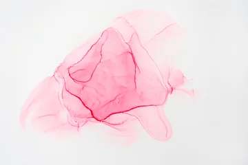 Abstrakter Tintenhintergrund. Marmor-Stil. Rosafarbene Strichstruktur auf weißem Papier. Wallpaper für Web- und Gamedesign. Grunge Schmutzkunst. Makrobild von Stocksaft, Abstrich. © natalia