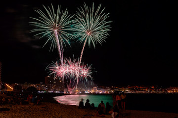 Beautiful firework in a small Spanish town Palamos, day of celebrating the town 06. 26. 2019