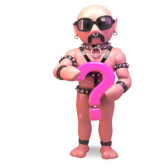 Gay bald man in fetish outfit holding a pink question mark, 3d illustration