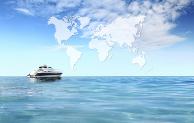 a luxury private motor yacht on tropical sea with blue sky clouds sunshine, international map on...