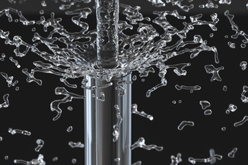 Chemical test tube and splashing water in the lab, 3d rendering.