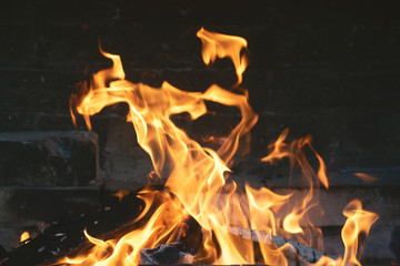 Burning firewoods in fire in a fireplace background.