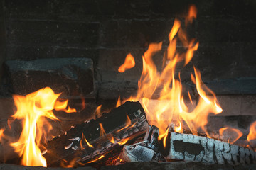 Burning firewoods in fire in a fireplace background.