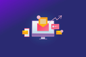 Email marketing, newsletter subscription, online business growth concept with marketing icons and elements, vector web banner.
