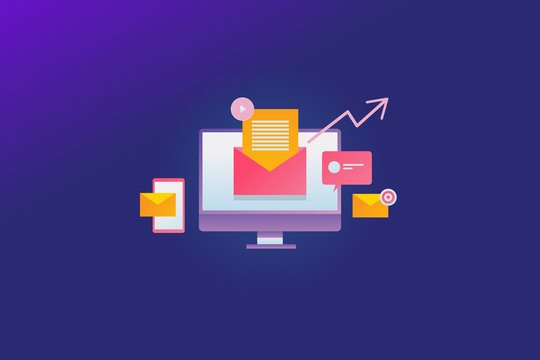 Email marketing, newsletter subscription, online business growth concept with marketing icons and elements, vector web banner.