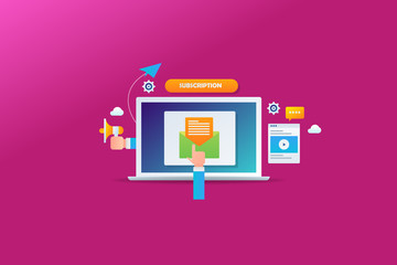 Email subscription, newsletter marketing campaign, drip marketing, audience subscribing email conceptual, web banner with icons.