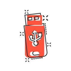 Usb drive icon in comic style. Flash disk vector cartoon illustration on white isolated background. Digital memory splash effect business concept.