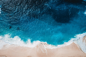 Wild beach, top view, waves