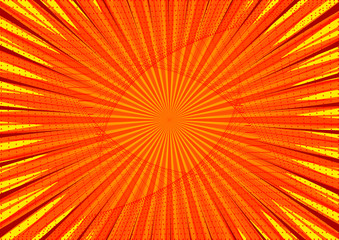 Obraz premium Abstract comic orange background for style pop art design. Retro burst template backdrop. Light rays effect. Vintage comic book style, halftone modern print texture, vector.