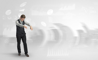 Young elegant businessman with city and report dream concept