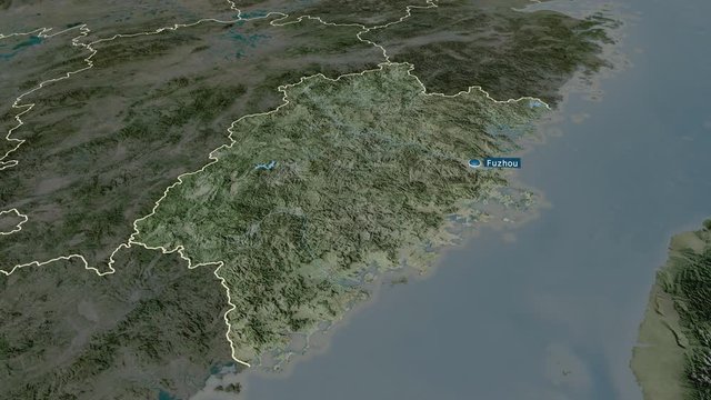 Fujian - province of China with its capital zoomed on the satellite map of the globe. Animation 3D