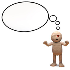 Contemplative Egyptian mummy monster with blank thought balloon, 3d illustration