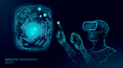 Modern medicine virtual reality cell healing. Artificial cell 3D synthesis animal human designer cell biochemistry. GMO bioethics solution vector illustration