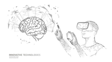Active human brain VR headset next level menthal abilities. Man wearing glasses augmented reality geometric blue glowing. Neurocomputer vector illustration