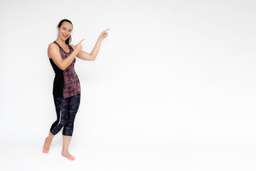 Full-length portrait on white background of beautiful pretty fitness woman girl in fashionable...