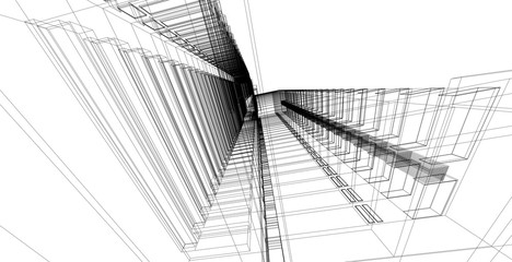 3D illustration architecture building perspective lines.