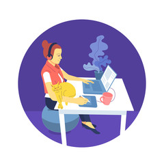 Fototapeta premium Flat style girl designer is sitting at desk and working with laptop, using graphic tablet