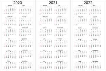Set of Calendars 2020, 2021, 2022 years, simple design template, vertical format, week starts on Sunday, vector illustration