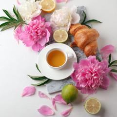 Morning cup of tea and fresh beautiful pink and white peony flowers on white background. Top view. Flat layout, concept of female holiday morning, stylish blogger