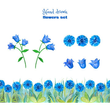 Set of blue flowers.Blue bells, cornflowers. Seamless floral border. 