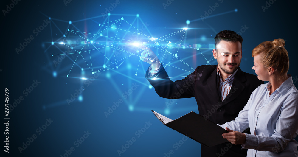 Poster man and woman touching hologram screen displaying modern web system