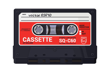 Isolated classic audio cassette. Vector multi colored illustration on light background. Original vintage object. ESP10.