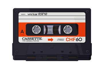 Isolated classic audio cassette. Vector multi colored illustration on light background. Original vintage object. ESP10.