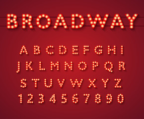 Light bulb alphabet in Broadway theatre style, vintage glowing bright letters and numbers with yellow lamps and shadows on red background. Typography vector illustration. - obrazy, fototapety, plakaty