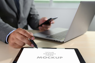 Laptop with blank screen on table. Workspace background new project on laptop computer with blank copy space screen for your advertising text message