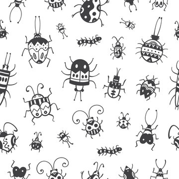 Seamless pattern with cute cartoon beetles on white  background. Various insects and bugs. Vector contour image. Doodle style.