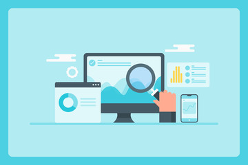 Flat design concept of seo analysis, website data, mobile seo monitoring with analytics and information.