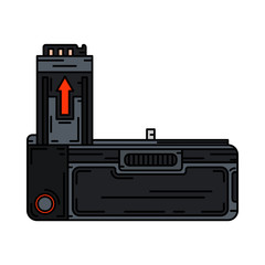 Color flat vector icon digital photographer professional equipment. Photography art. Photographic camera battery compact power bank. Cartoon style illustration, element design. Snapshot photo studio.