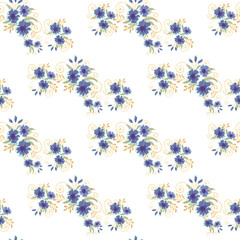 Fototapeta na wymiar Vintage seamless pattern with field small blue flowers on white background. Flower vector. Romantic floral surface design. Spring landscape.