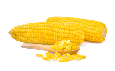 sweet corn and corn seed in the spoon isolated on white background