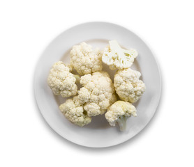 Fototapeta na wymiar cauliflower vegetable in the white plate isolated on white background, top view, flat lay