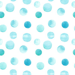 Seamless pattern of blue green watercolor hand painted round shapes, stains, circles, blobs isolated on white background. Design for textile, wallpaper, cards, wrapping paper