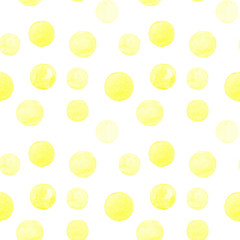 Seamless pattern of yellow watercolor hand painted round shapes, stains, circles, blobs isolated on white background. Design for textile, wallpaper, cards, wrapping paper