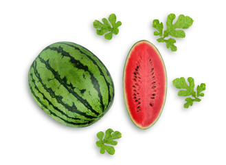 whole and slices watermelon fruit with leaf isolated on white background, flat lay, top view