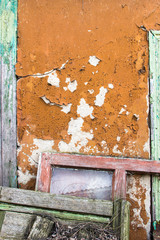 Empty old wall texture. Painted distressed wall surface. Grungy wide concrete wall. Grunge stonewall background. Shabby building facade with damaged plaster. Abstract web banner.