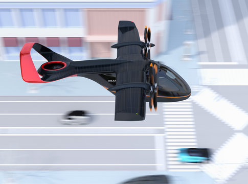 Side view of E-VTOL passenger aircraft flying over the street. Solar panel mounted on the wings. Urban Passenger Mobility concept. 3D rendering image.
