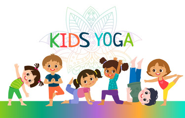 Kids Yoga Horizontal Banners Design Concept. Girls and Boys In Yoga Position Vector Illustration. Happy Cartoon Children Practicing Yoga. Flat Kids Yoga Logo On White Background.