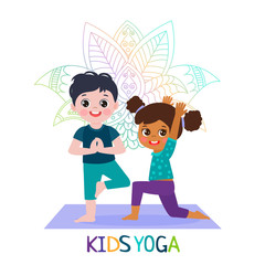 Yoga Time! Kids Yoga Design Concept. Girl and Boy In Yoga Position Vector Illustration. Happy Cartoon Children Practicing Yoga. Flat Kids Yoga Logo On White Background.